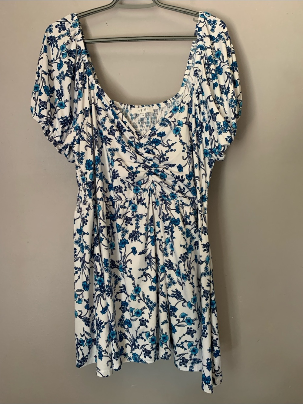 Blue Floral Puff-Sleeve Mini Dress MyStyle 2X